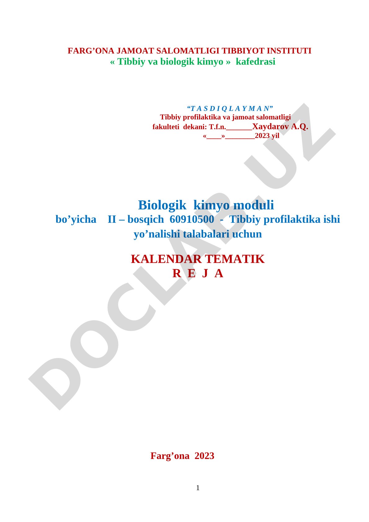 Biologik kimyo moduli bo'yicha kalendar tematik reja
