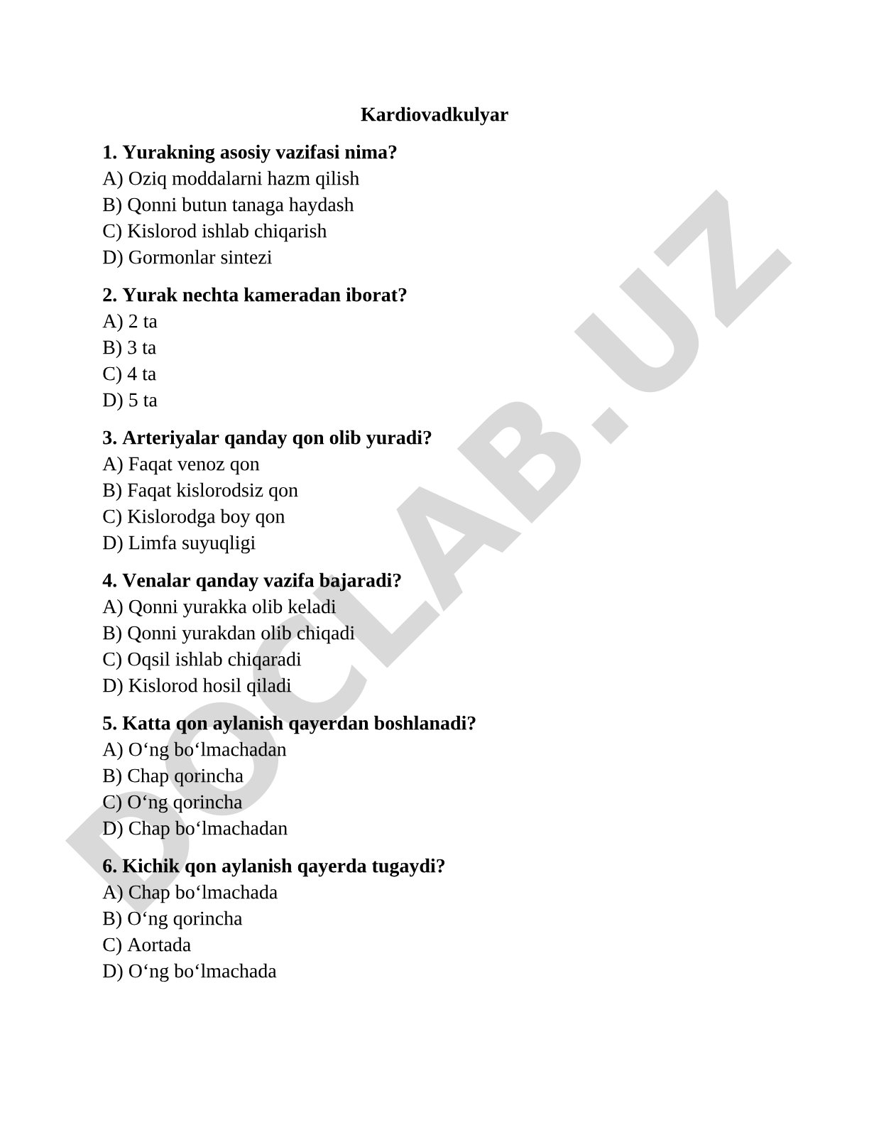 Yurak-qon tomir tizimiga oid ko'p tanlovli test savollari