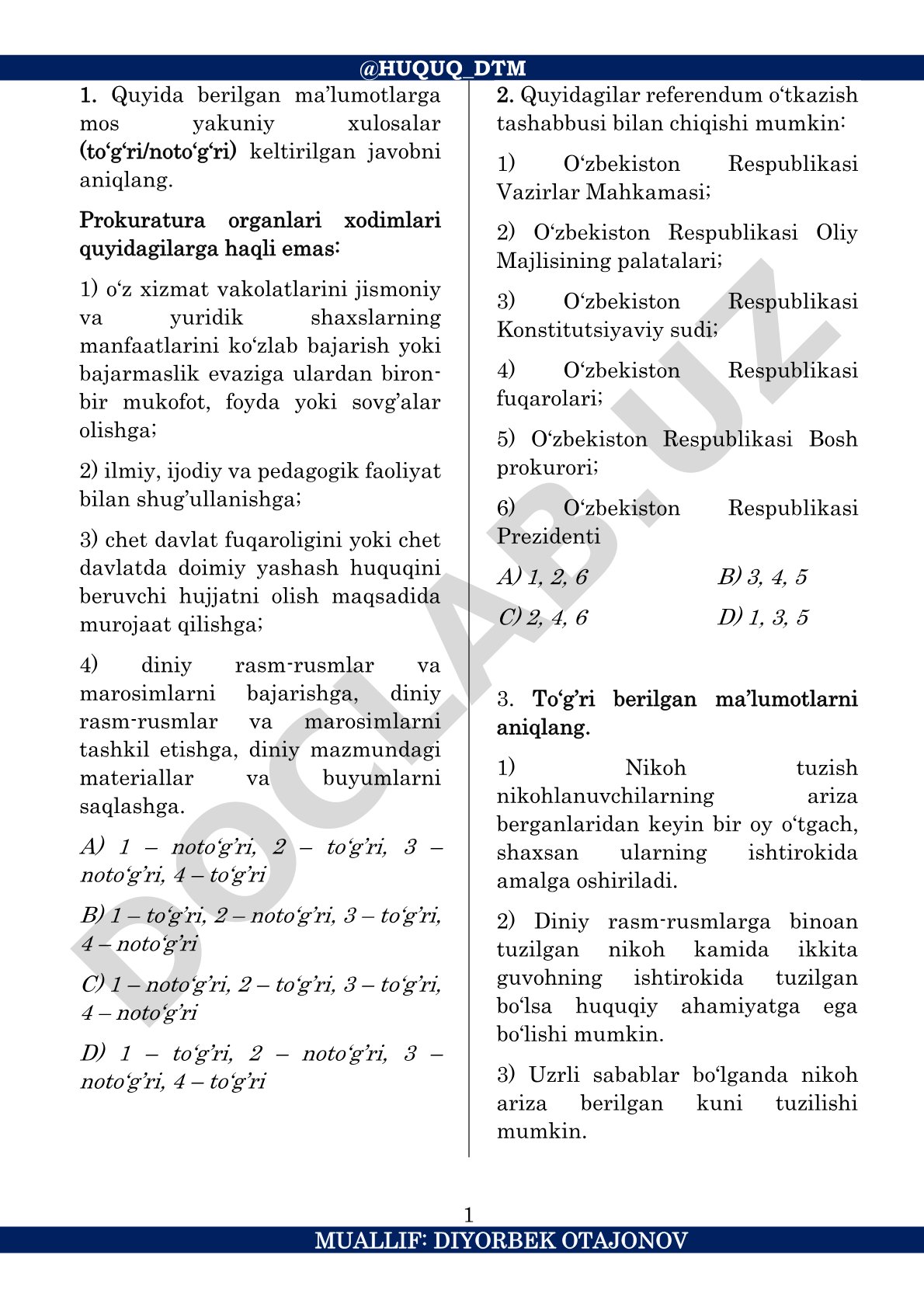 Prokuratura organlari va referendum to'g'risidagi test savollari