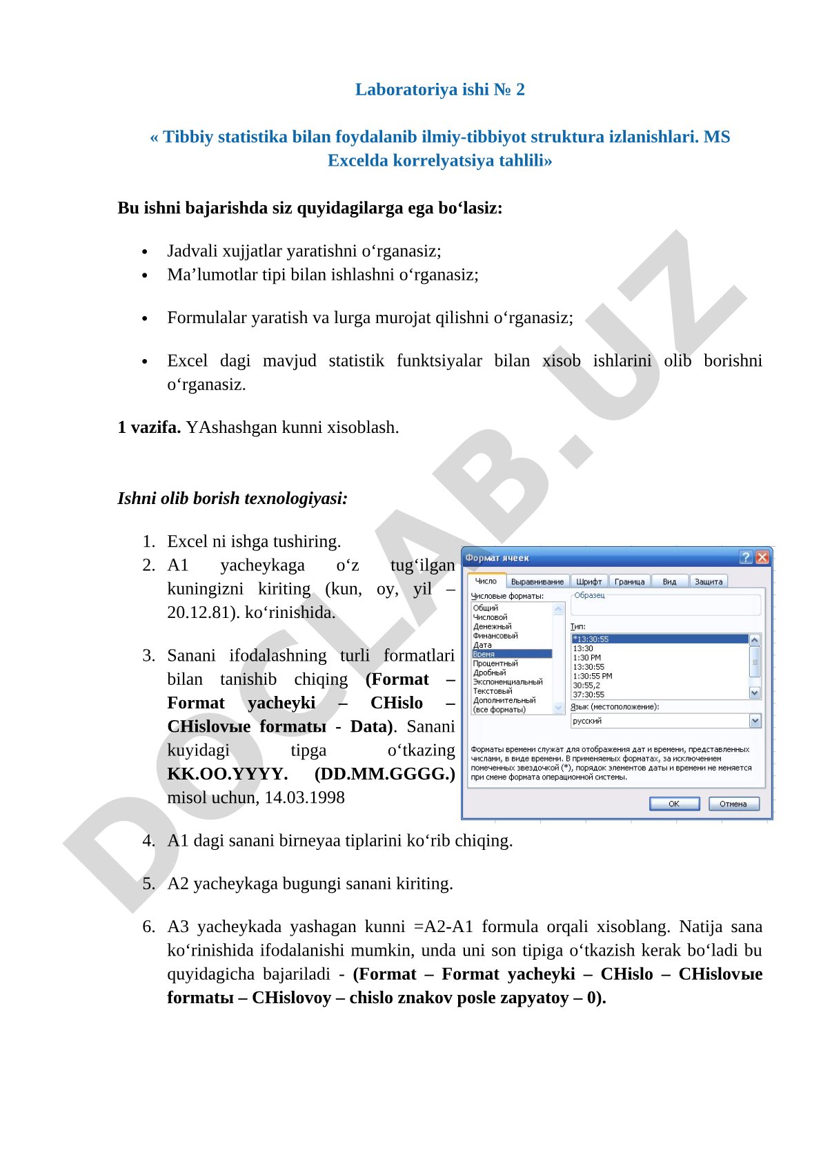 Laboratoriya ishi № 2 « Tibbiy statistika bilan foydalanib ilmiy-tibbiyot struktura izlanishlari