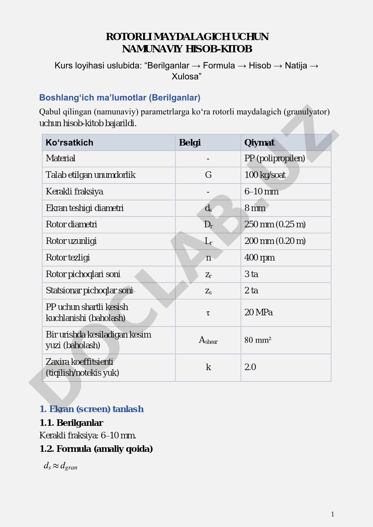 Rotorli maydalagich uchun namunaviy hisob-kitob