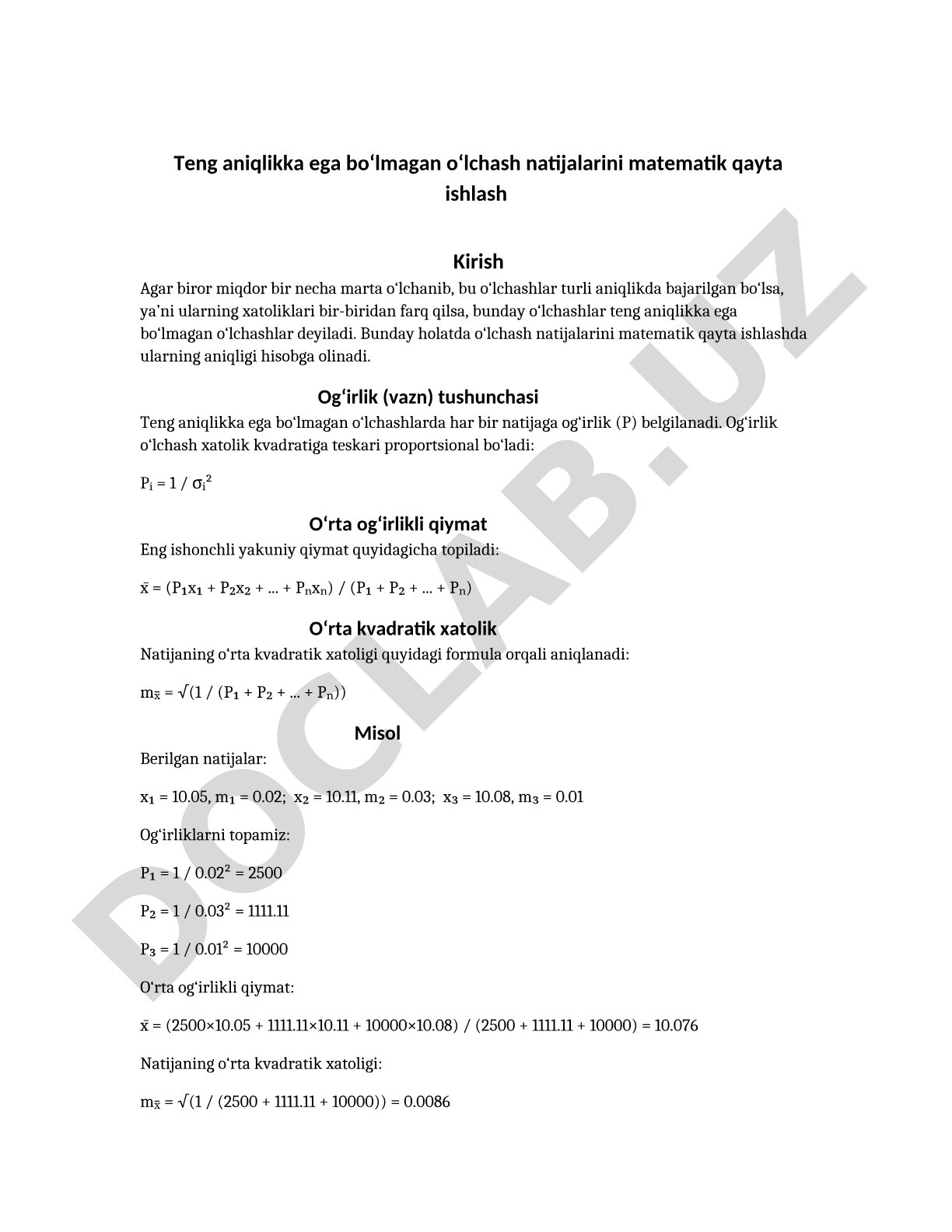 Teng aniqlikka ega bo‘lmagan o‘lchash natijalarini matematik qayta ishlash