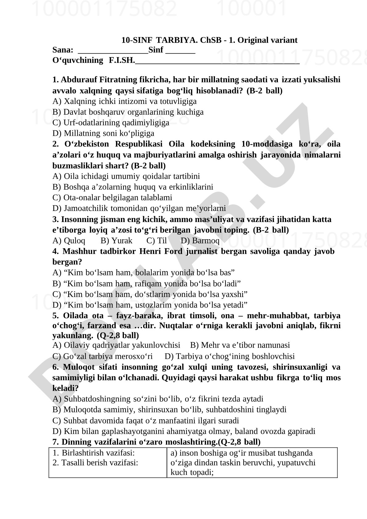 10-sinf Tarbiya ChSB-1 original variant