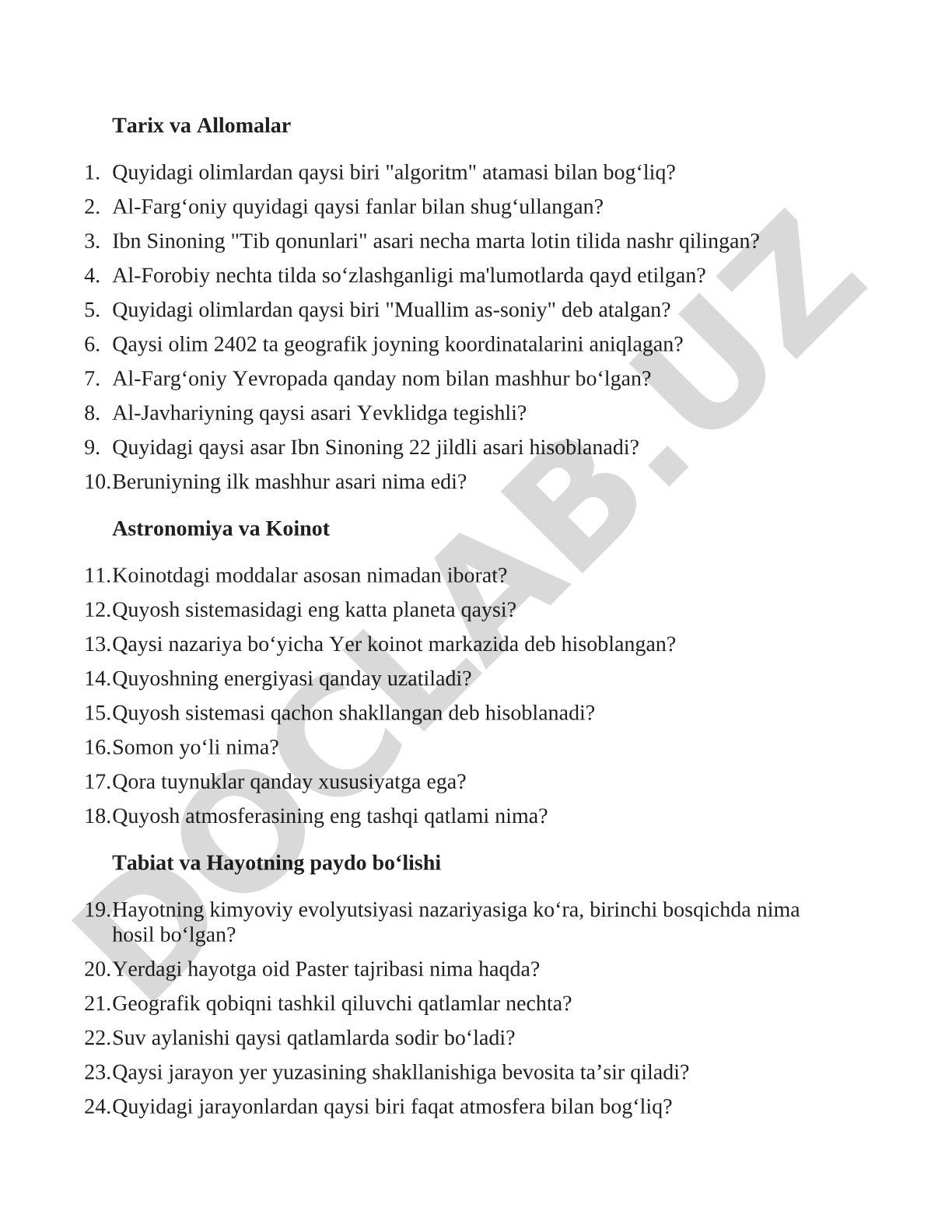 Tarix, allomalar, astronomiya va hayot haqida test savollari