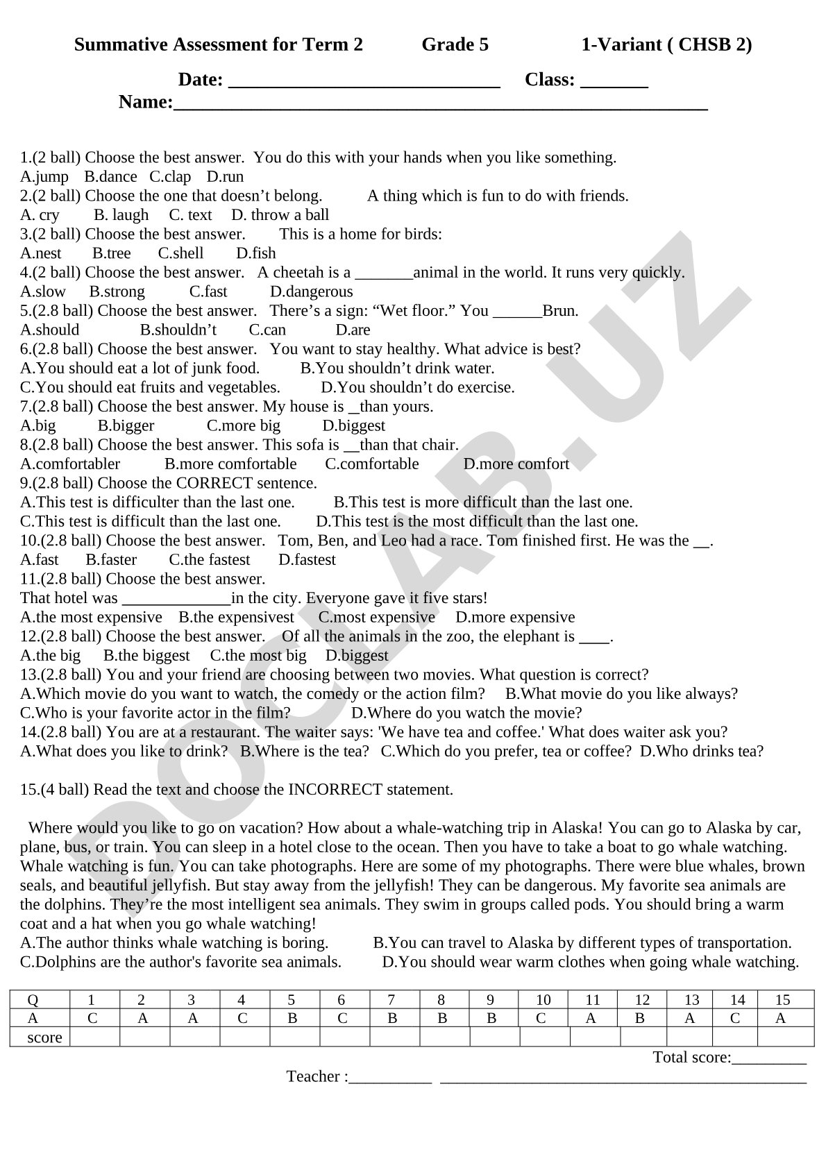 Grade 5 Term 2 English Summative Assessment
