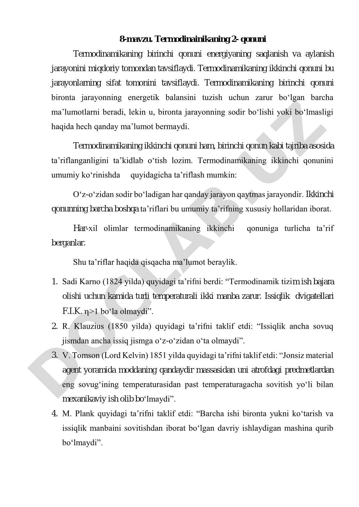 Termodinamikaning ikkinchi qonuni, qaytmas jarayonlar, Karno va Klauzius ta'riflari
