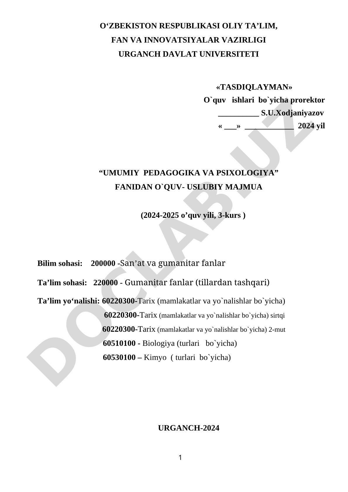 Umumiy pedagogika va psixologiya fanidan o'quv-uslubiy majmua (3-kurs, 2024-2025)