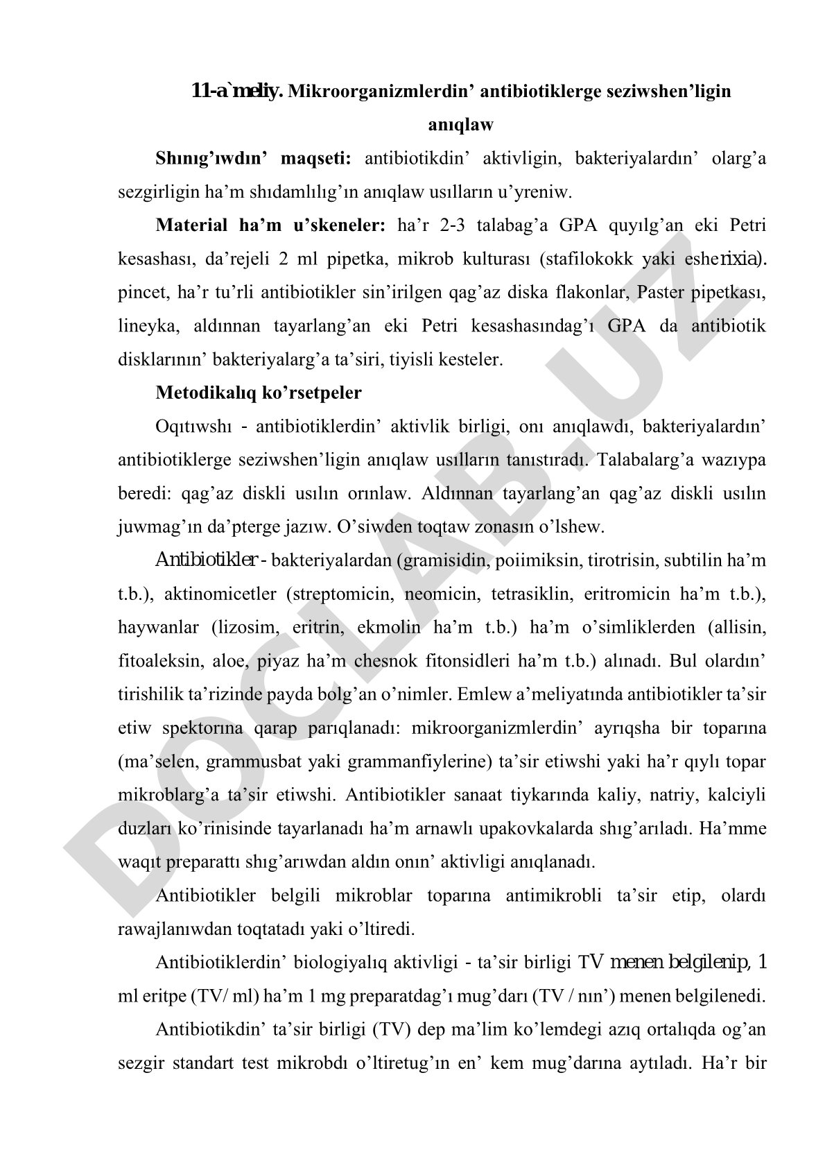 Mikroorganizmlerdin’ antibiotiklerge seziwshen’ligin anıqlaw