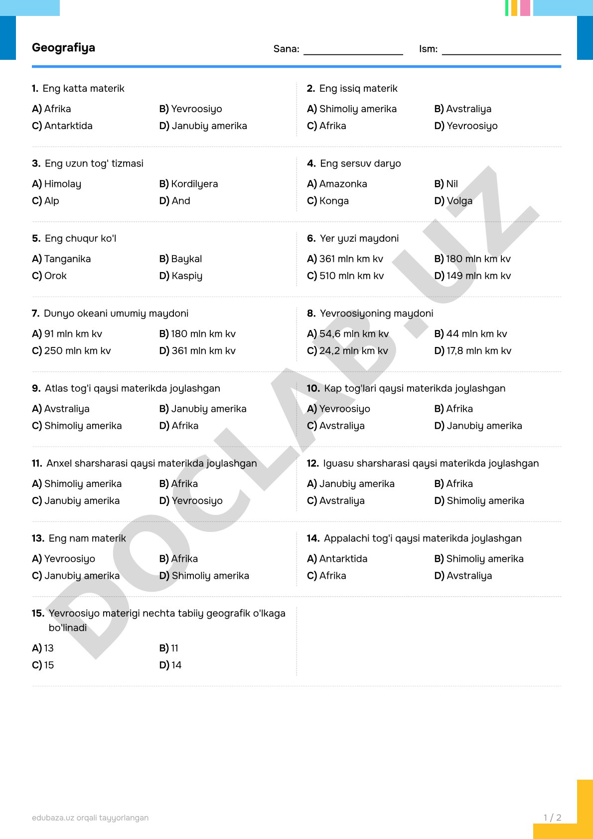 Geografiya test savollari