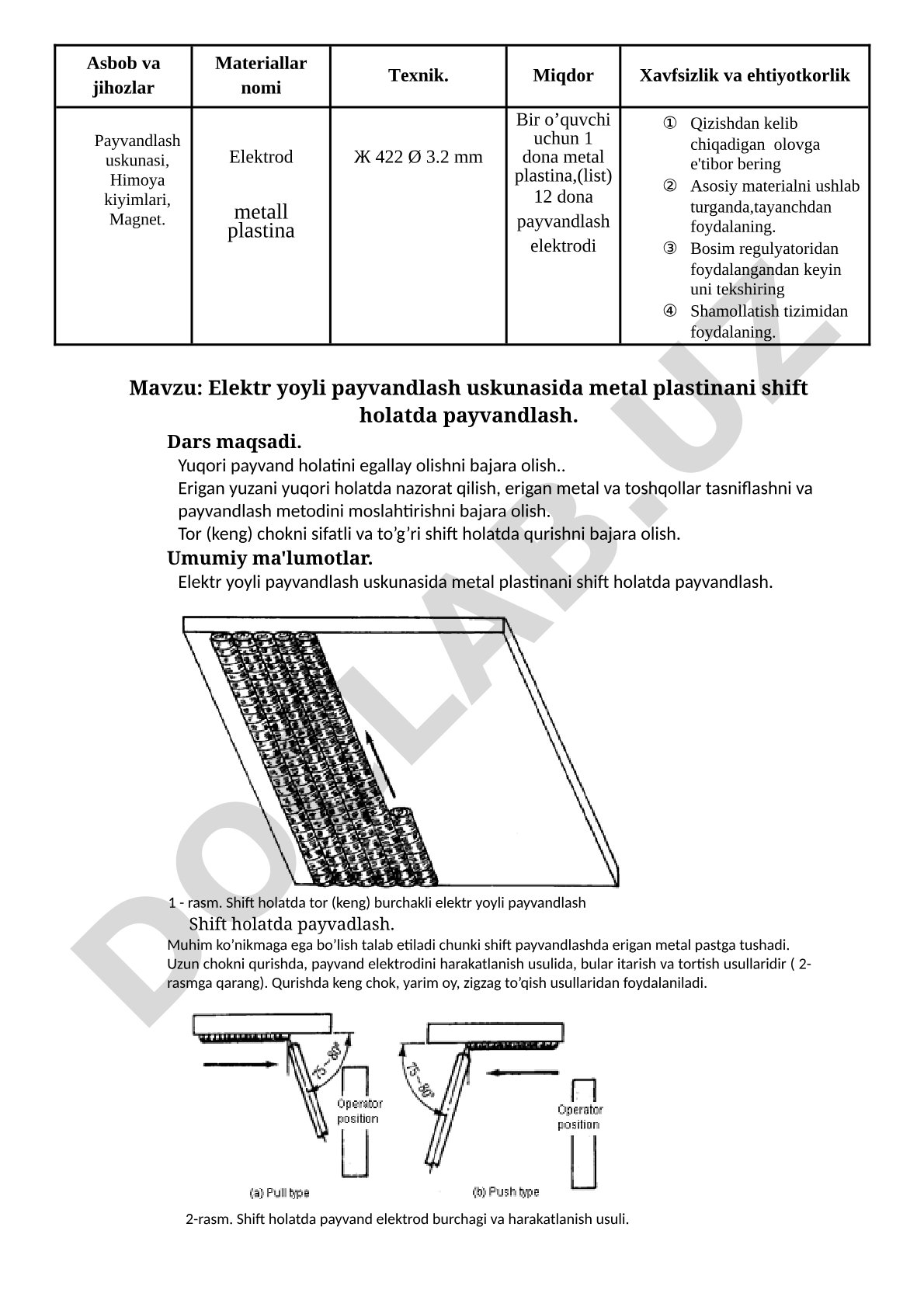 Elektr yoyli payvandlash uskunasida metal plastinani shift holatda payvandlash