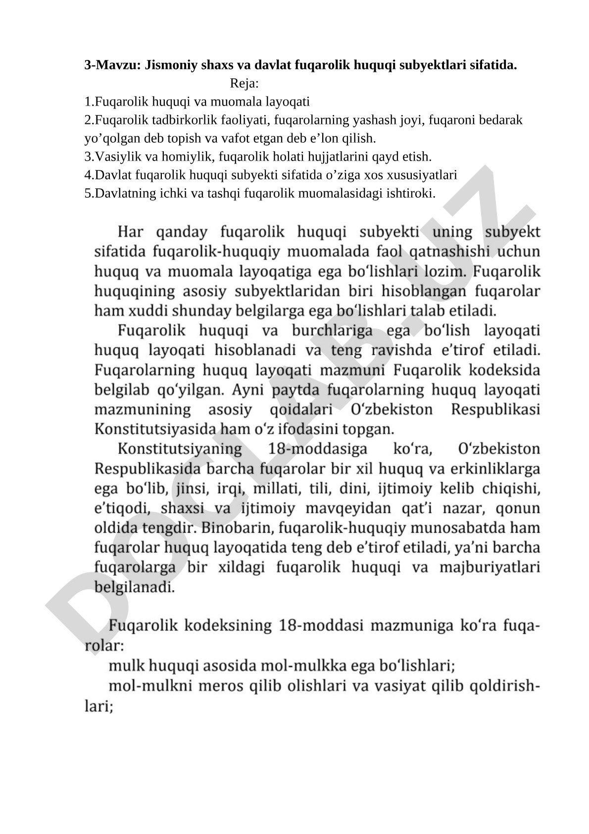 Jismoniy shaxs va davlat fuqarolik huquqi subyektlari sifatida