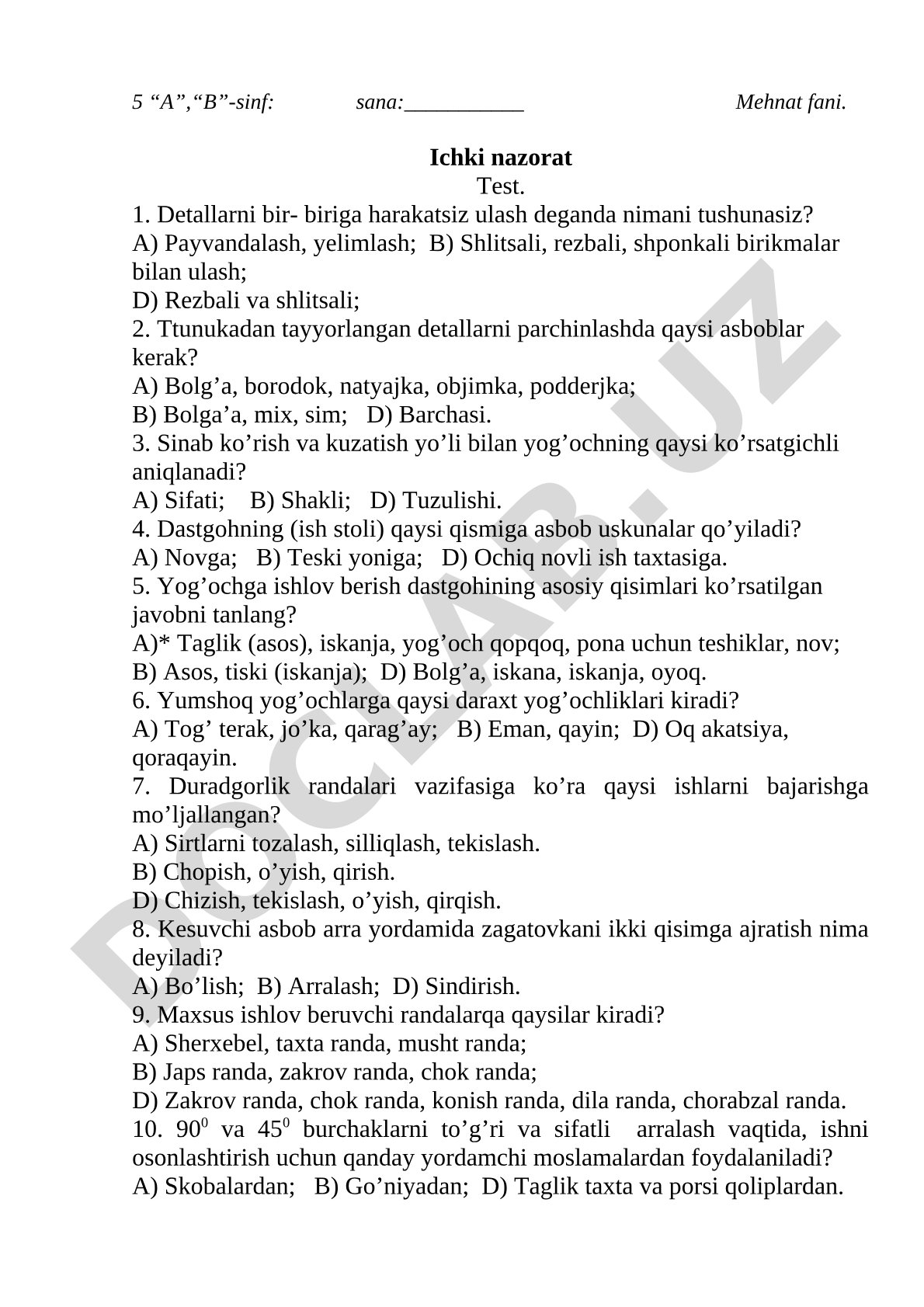 Mehnat fanidan ichki nazorat test savollari