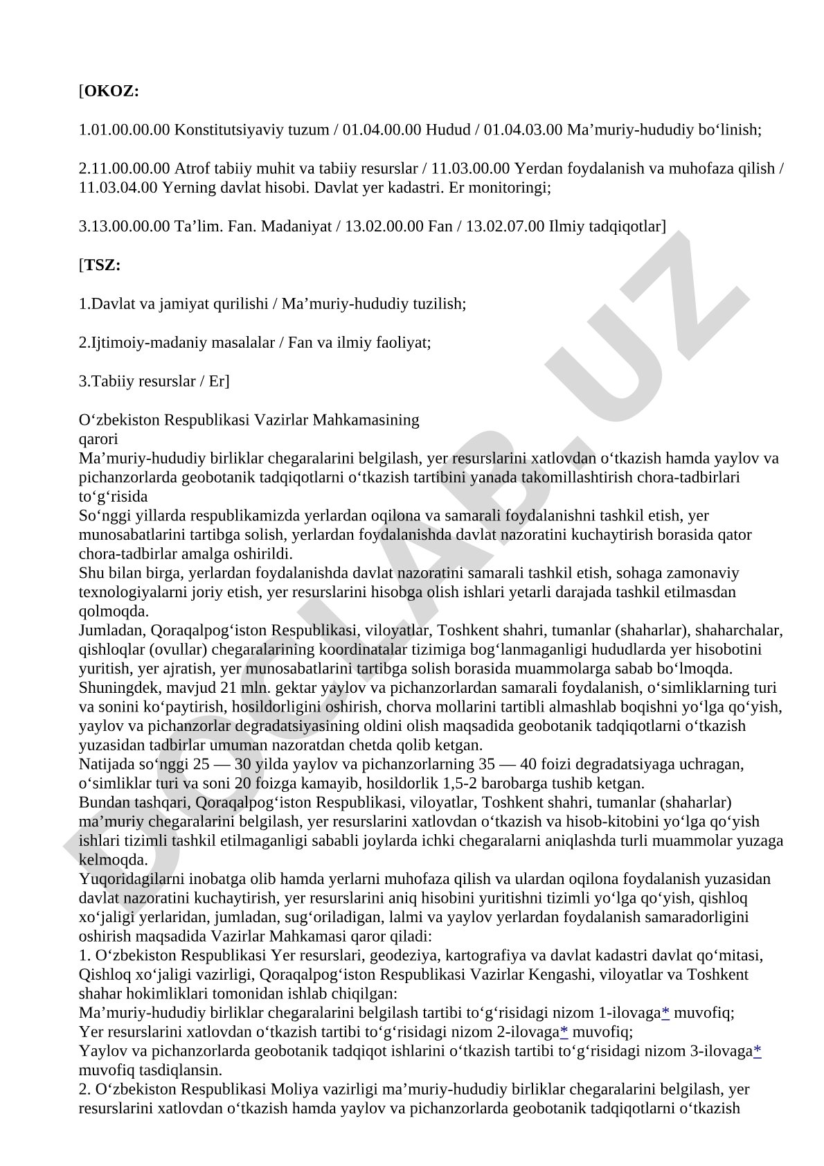 Ma'muriy-hududiy birliklar chegaralarini belgilash va yer resurslari xatlovi