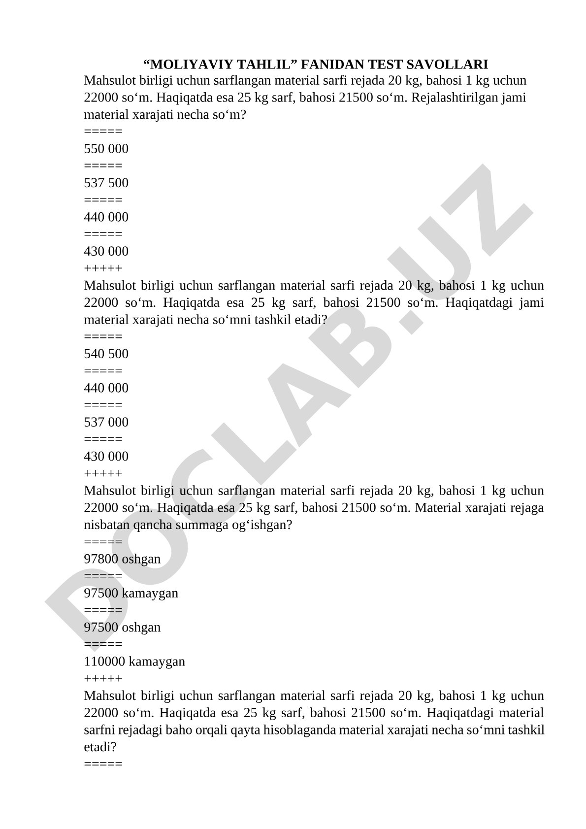 Moliyaviy tahlil fanidan test savollari