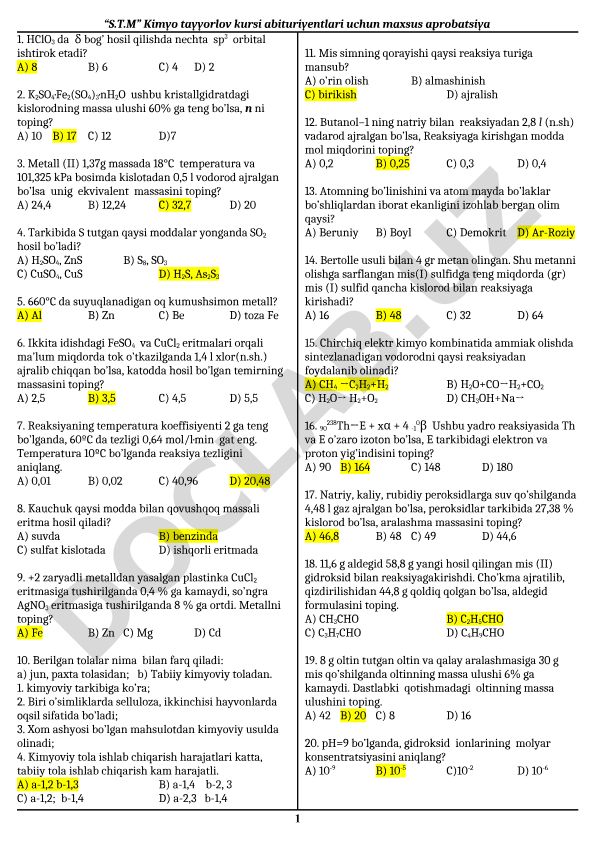 Kimyo fanidan test savollari va masalalari