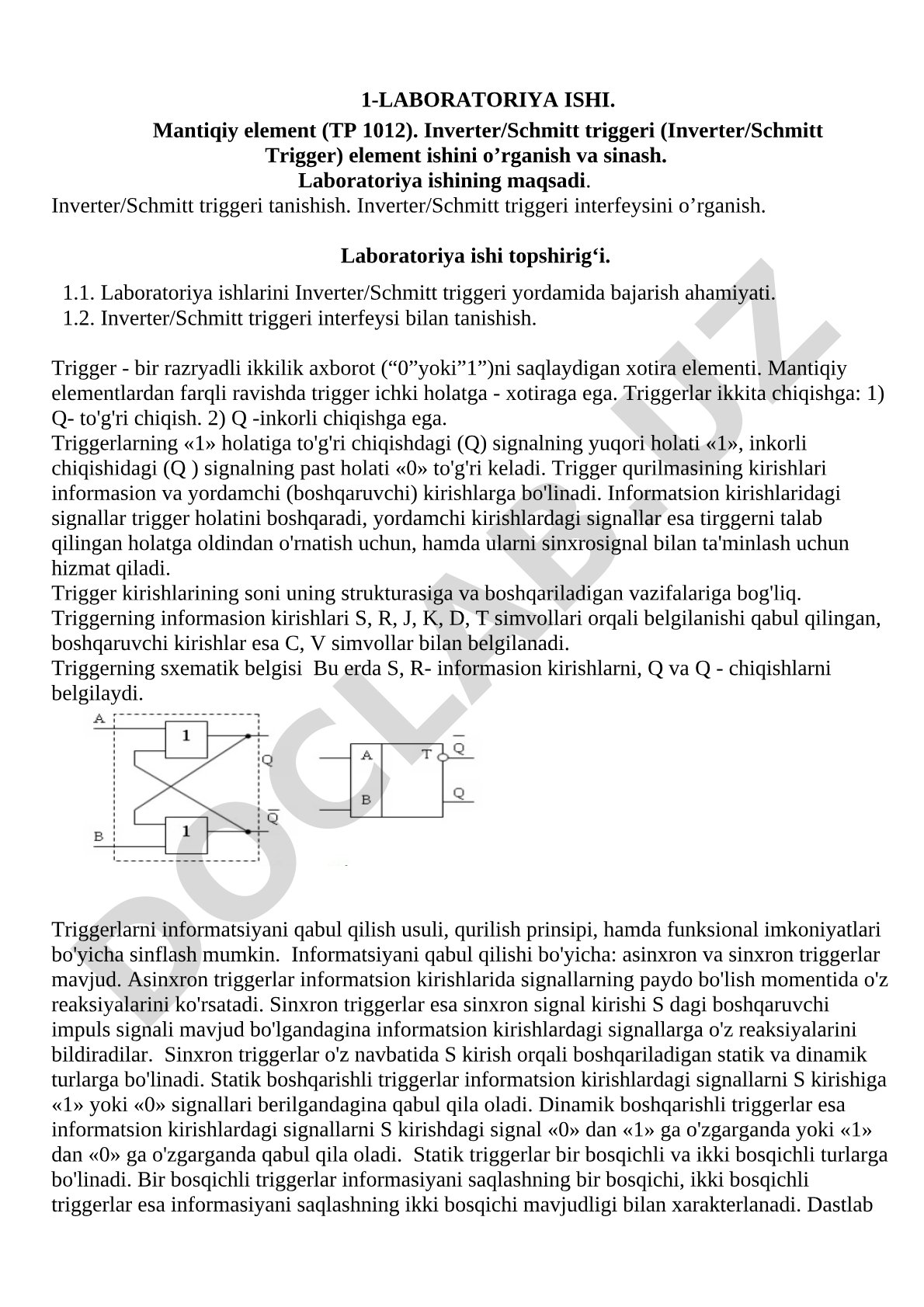 Mantiqiy element (TP 1012) Inverter/Schmitt triggeri ishini o'rganish va sinash