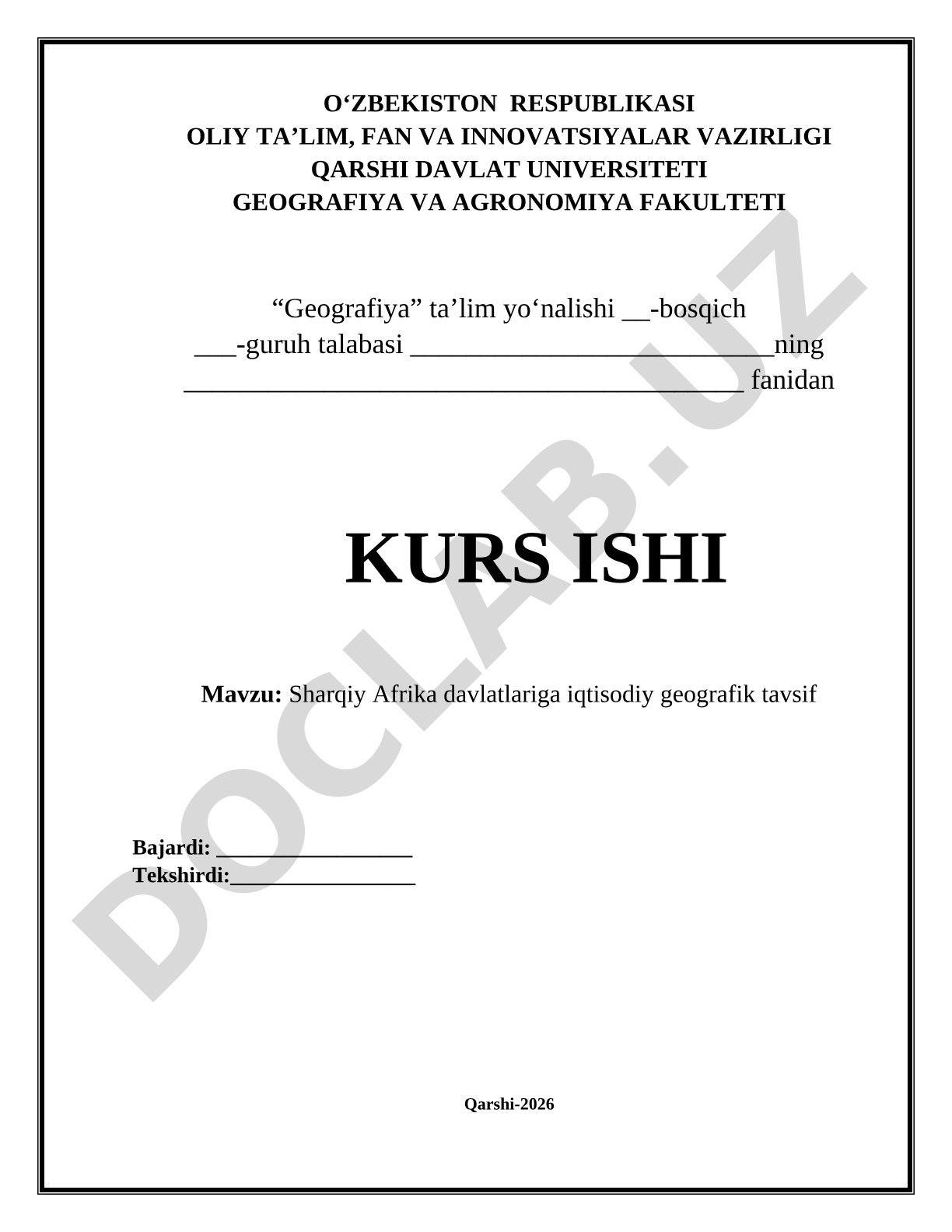 Sharqiy Afrika davlatlariga iqtisodiy geografik tavsif