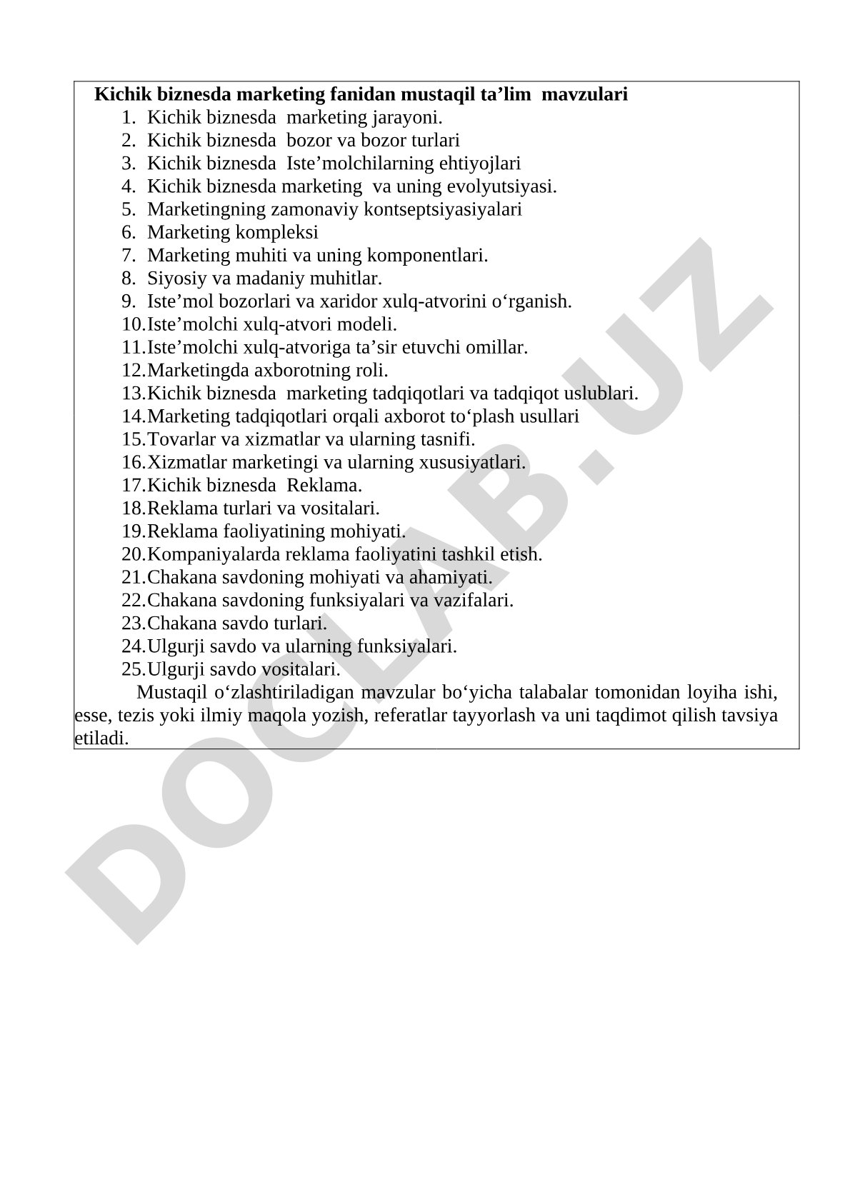 Kichik biznesda marketing fanidan mustaqil taʼlim mavzulari