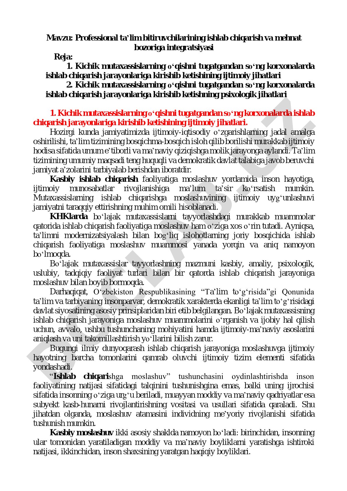 Professional ta’lim bitiruvchilarining ishlab chiqarish va mehnat bozoriga integratsiyasi