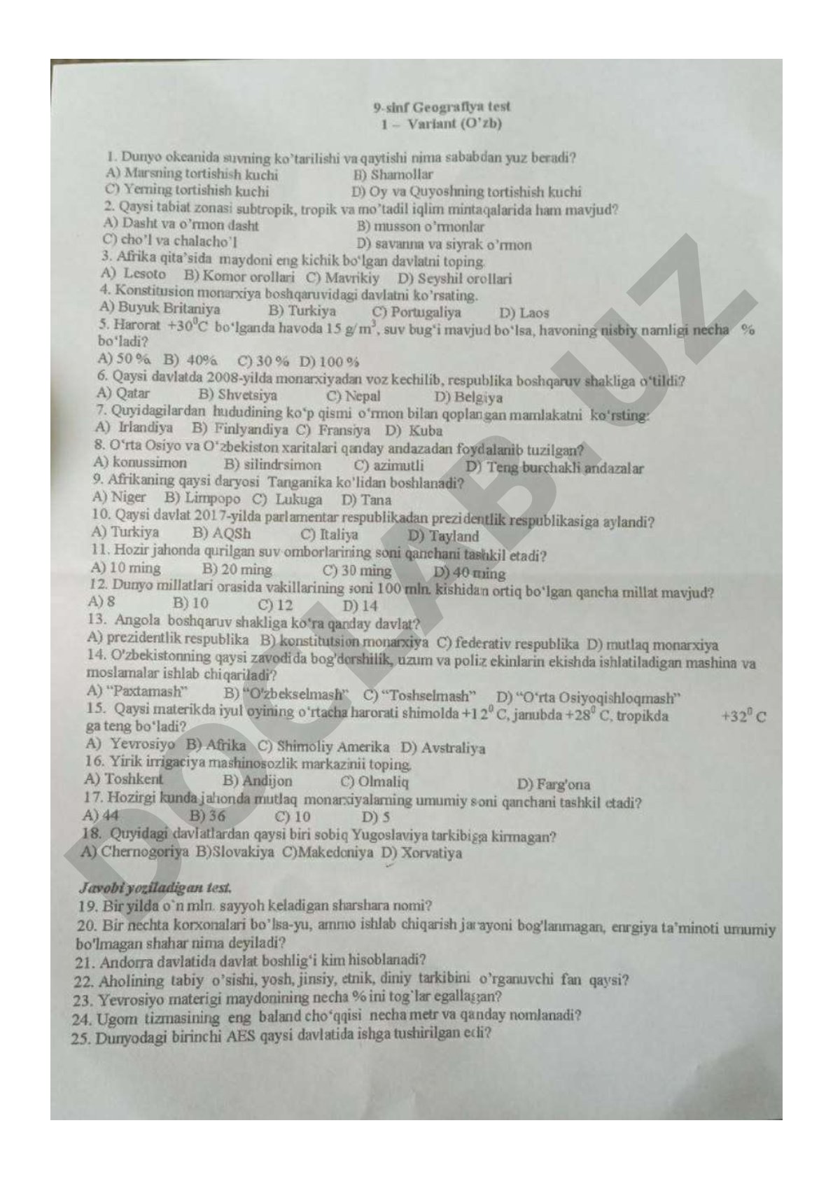 9-sinf Geografiya test 1— Variant (O'zb)