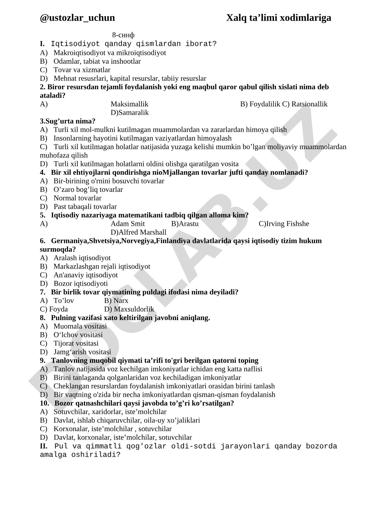 8-sinf Iqtisodiyot fanidan test savollari