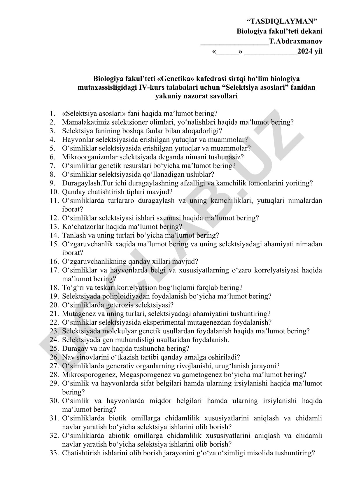 Selektsiya asoslari fanidan yakuniy nazorat savollari