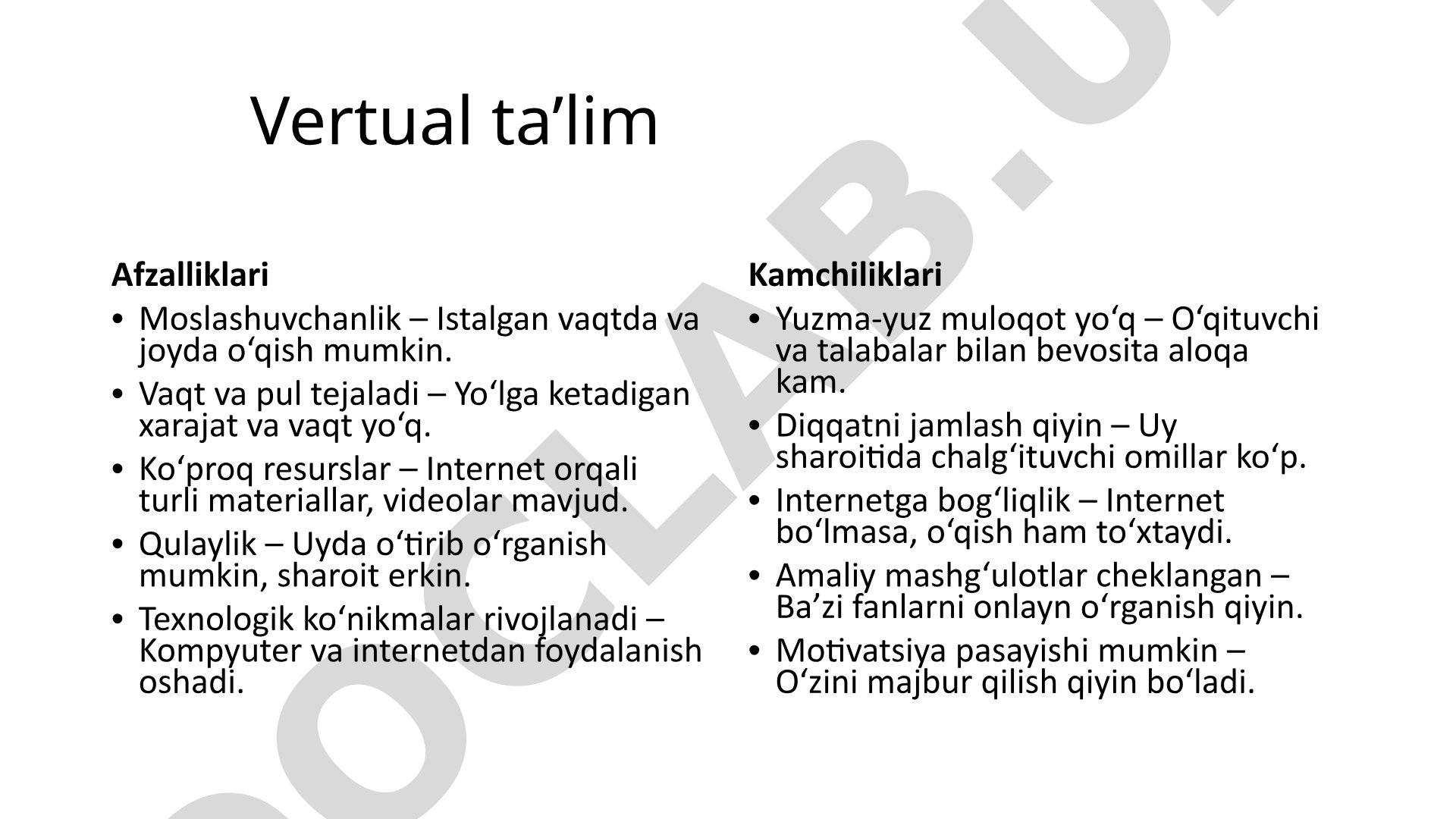 Virtual ta'limning afzalliklari va kamchiliklari