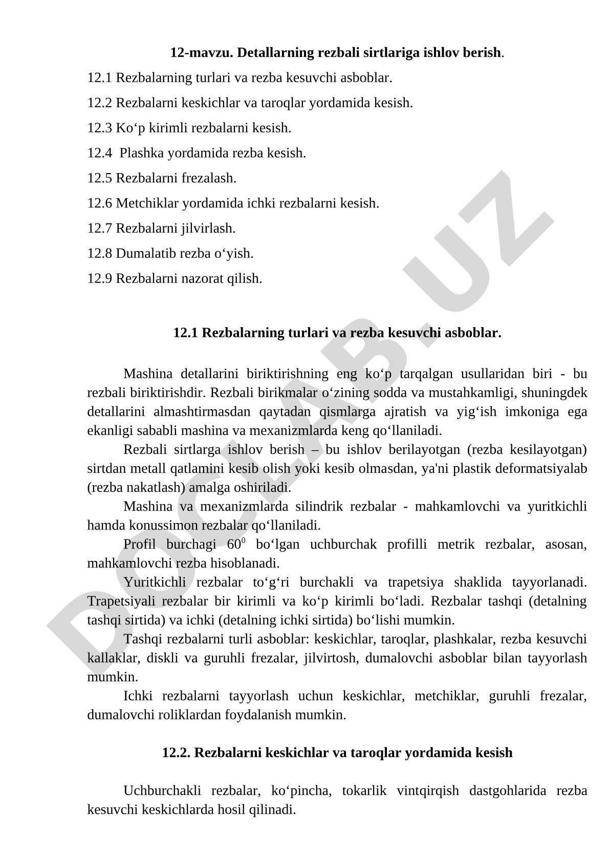 Detallarning rezbali sirtlariga ishlov berish