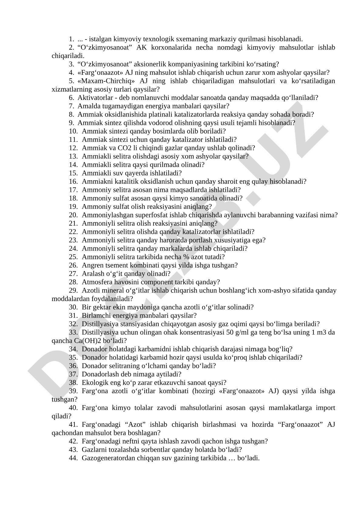 O'zkimyosanoat va ammiak ishlab chiqarish savollari