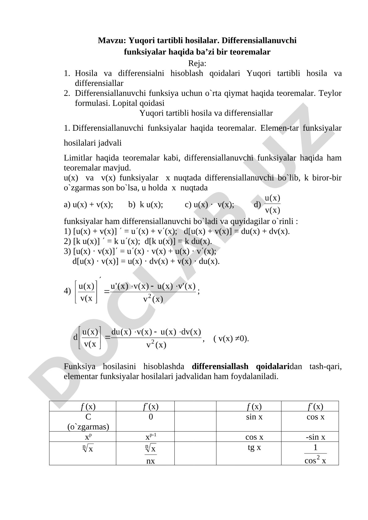 Yuqori tartibli hosilalar. Differensiallanuvchi funksiyalar haqida ba’zi bir teoremalar