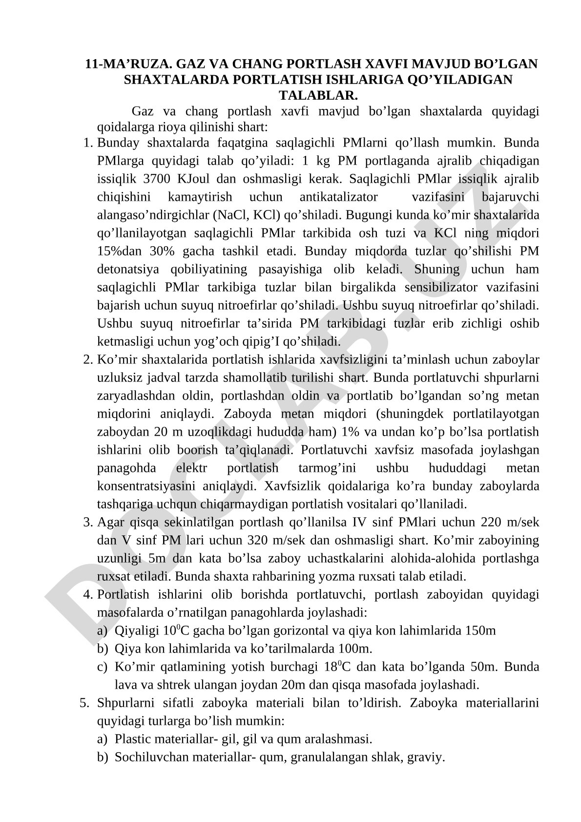 Gaz va chang portlash xavfi mavjud bo’lgan shaxtalarda portlatish ishlariga qo’yiladigan talablar