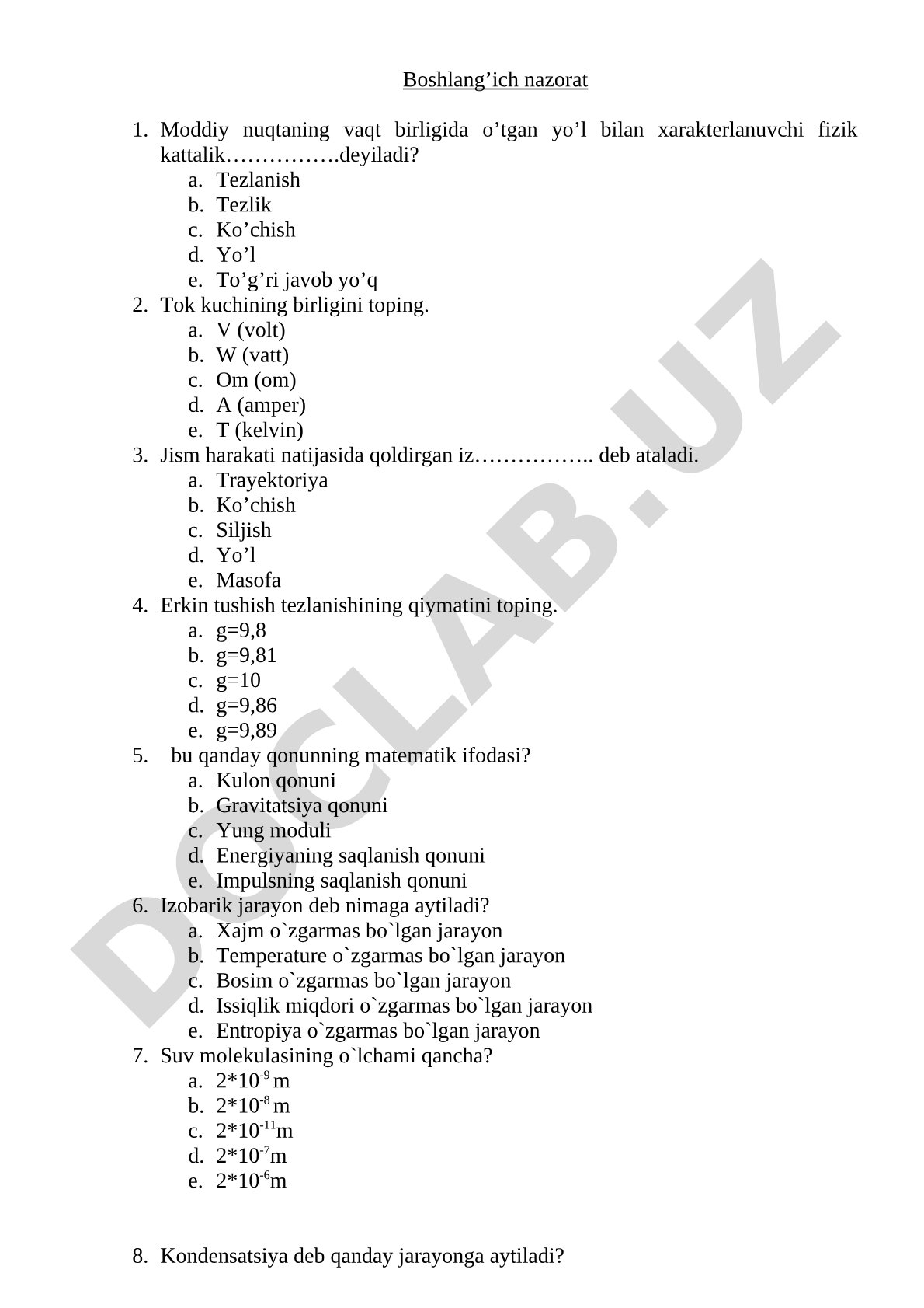 Boshlang'ich nazorat test savollari