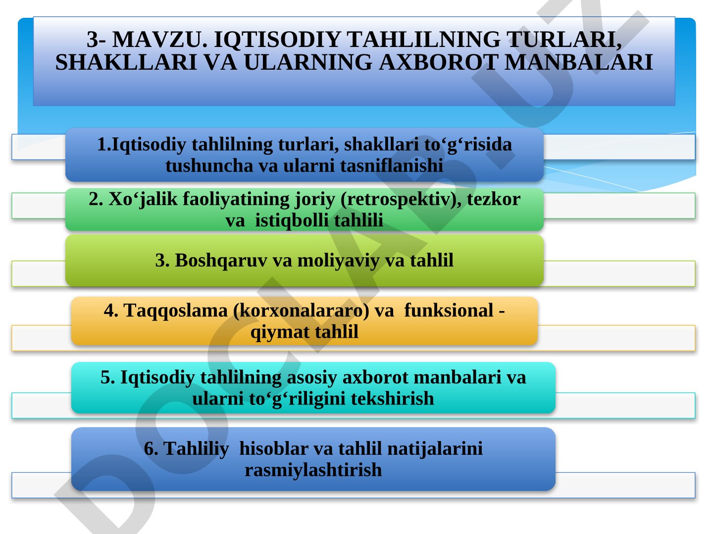 Iqtisodiy tahlilning turlari, shakllari va ularning axborot manbalari