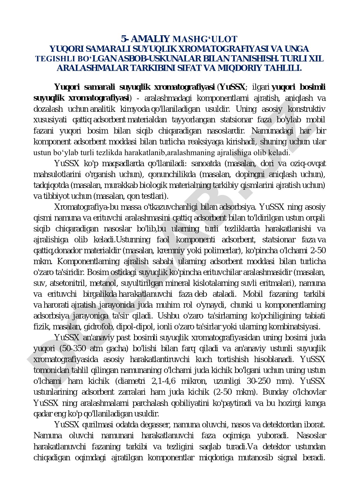 Yuqori samarali suyuqlik xromatografiyasi va unga tegishli asbob-uskunalar bilan tanishish