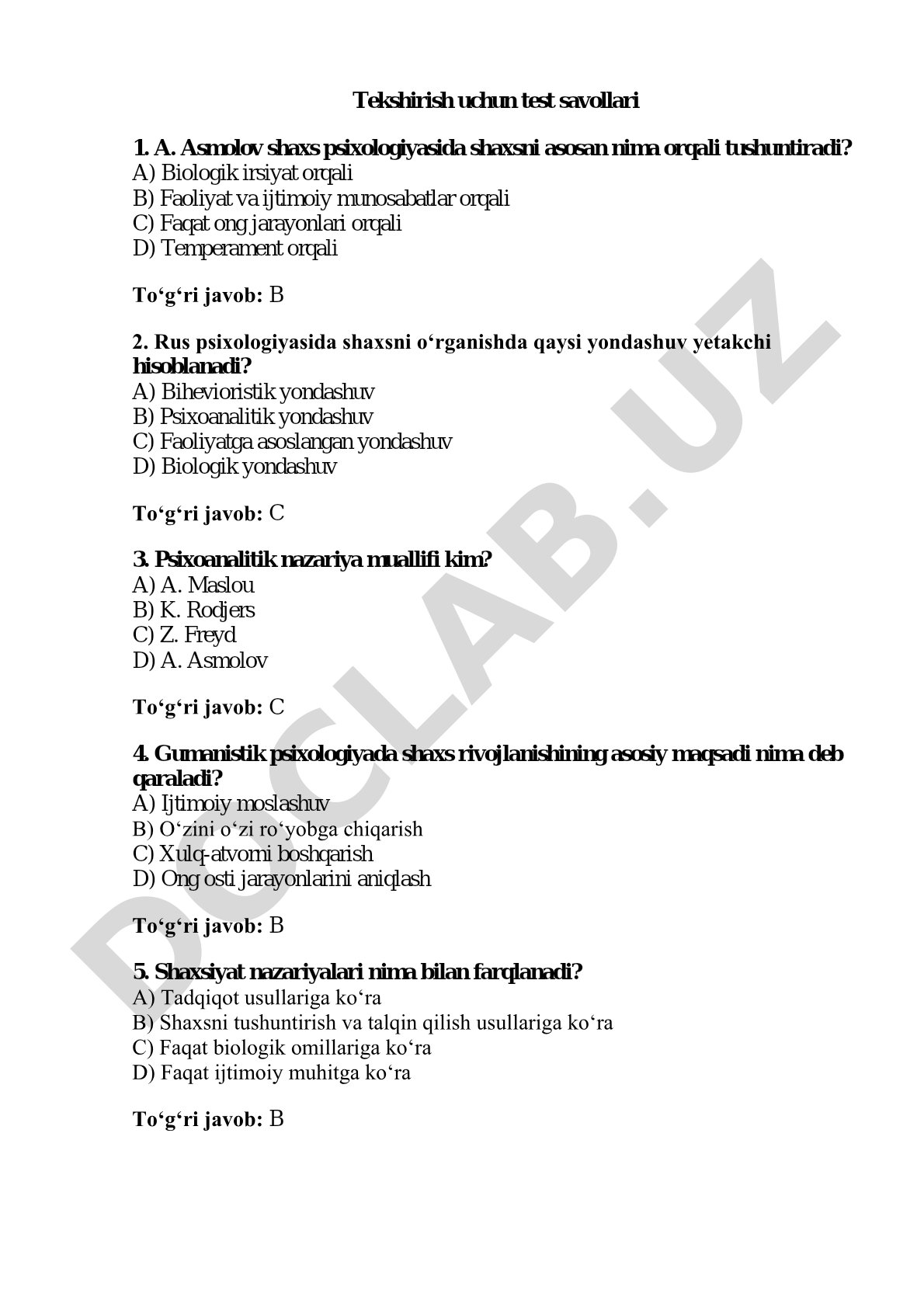 Shaxs psixologiyasi bo'yicha test savollari