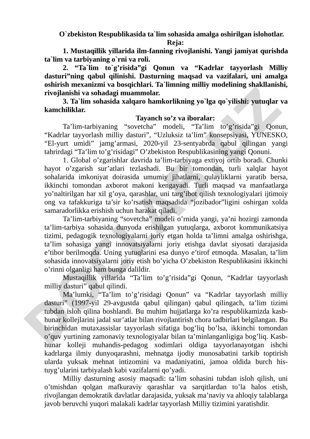 O'zbekiston Respublikasida ta'lim sohasida amalga oshirilgan islohotlar