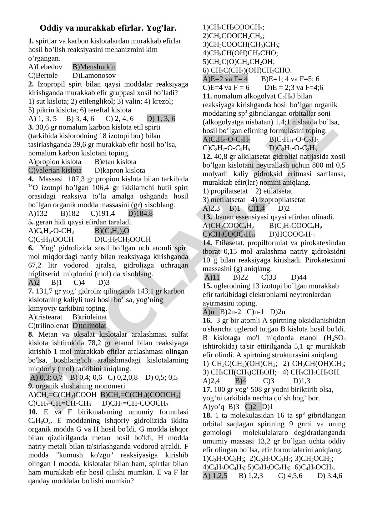 Oddiy va murakkab efirlar. Yog’lar