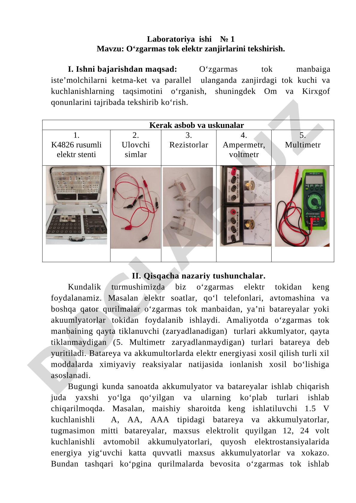 O‘zgarmas tok elektr zanjirlarini tekshirish
