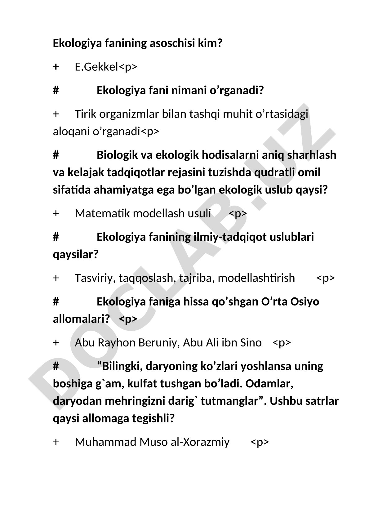 Ekologiya faniga oid test savollari