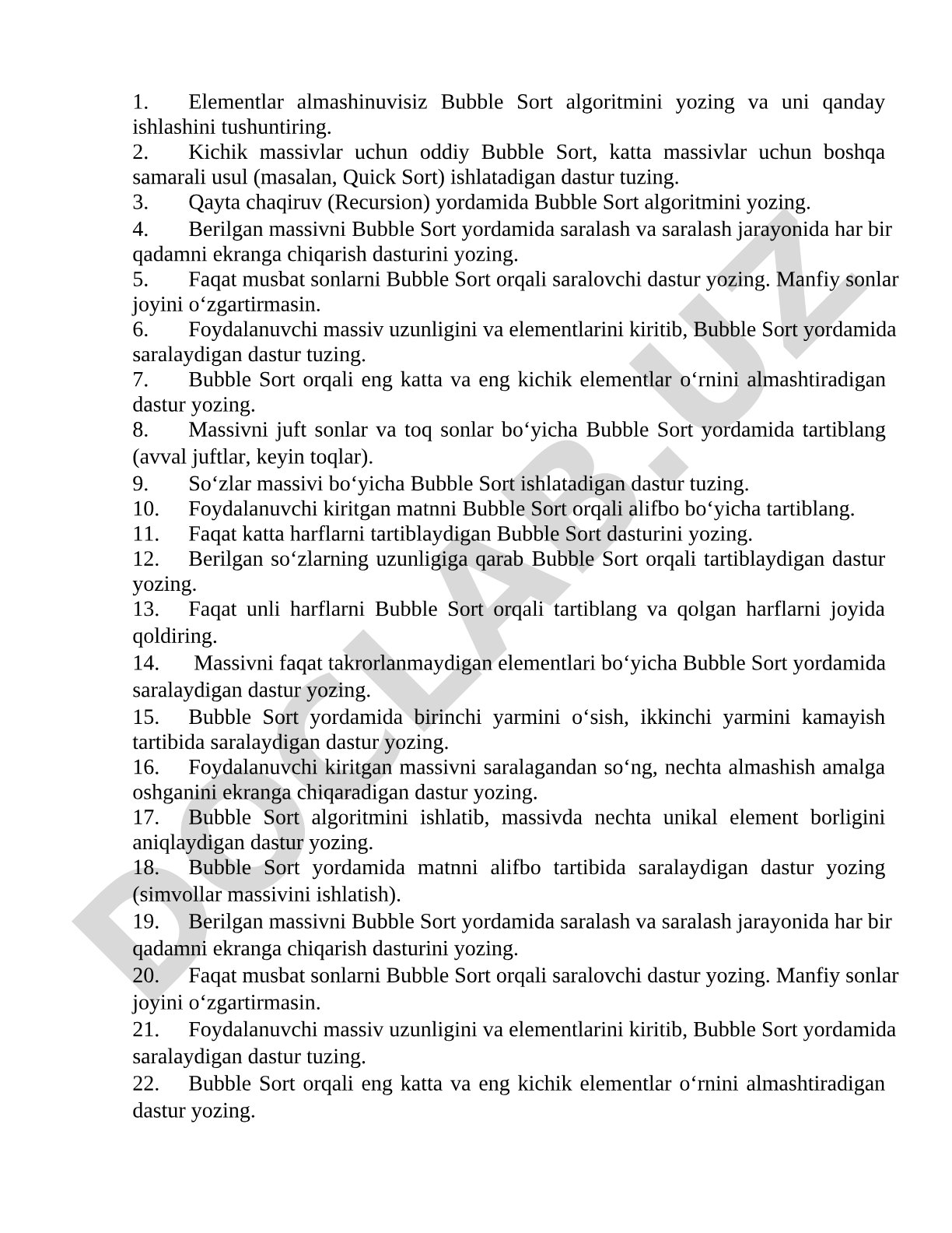 Bubble Sort algoritmiga oid amaliy masalalar