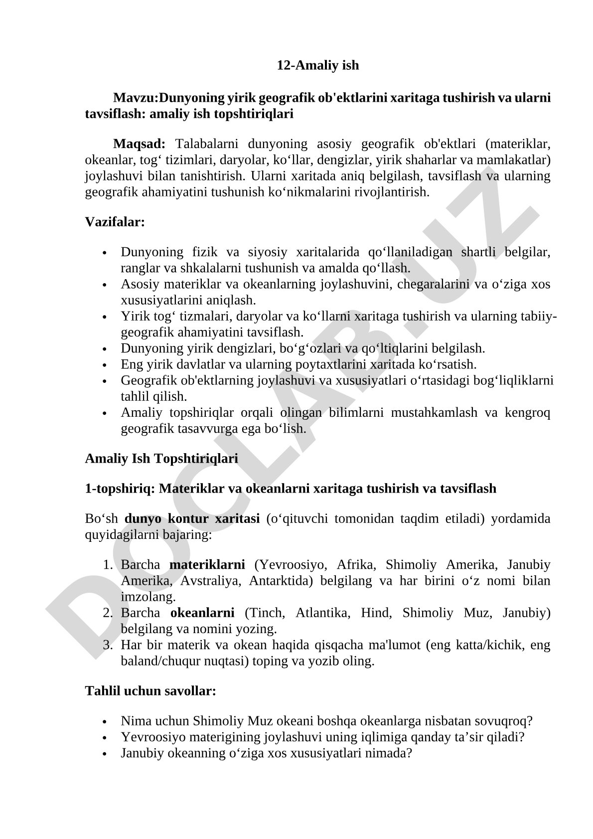 Dunyoning yirik geografik ob'ektlarini xaritaga tushirish va ularni tavsiflash