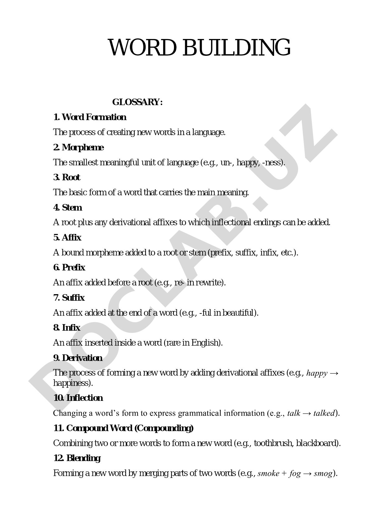 Definitions of key linguistic terms related to word formation