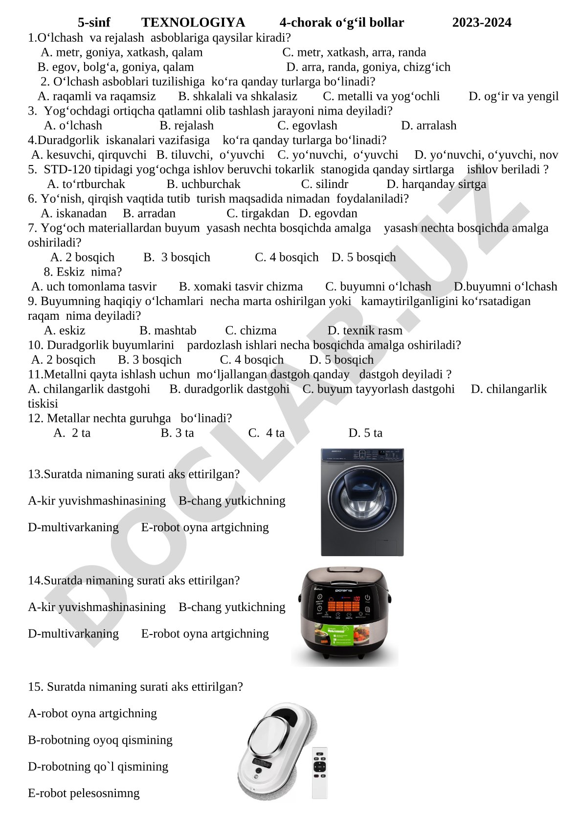 5-sinf TEXNOLOGIYA 4-chorak o‘g‘il bollar 2023-2024