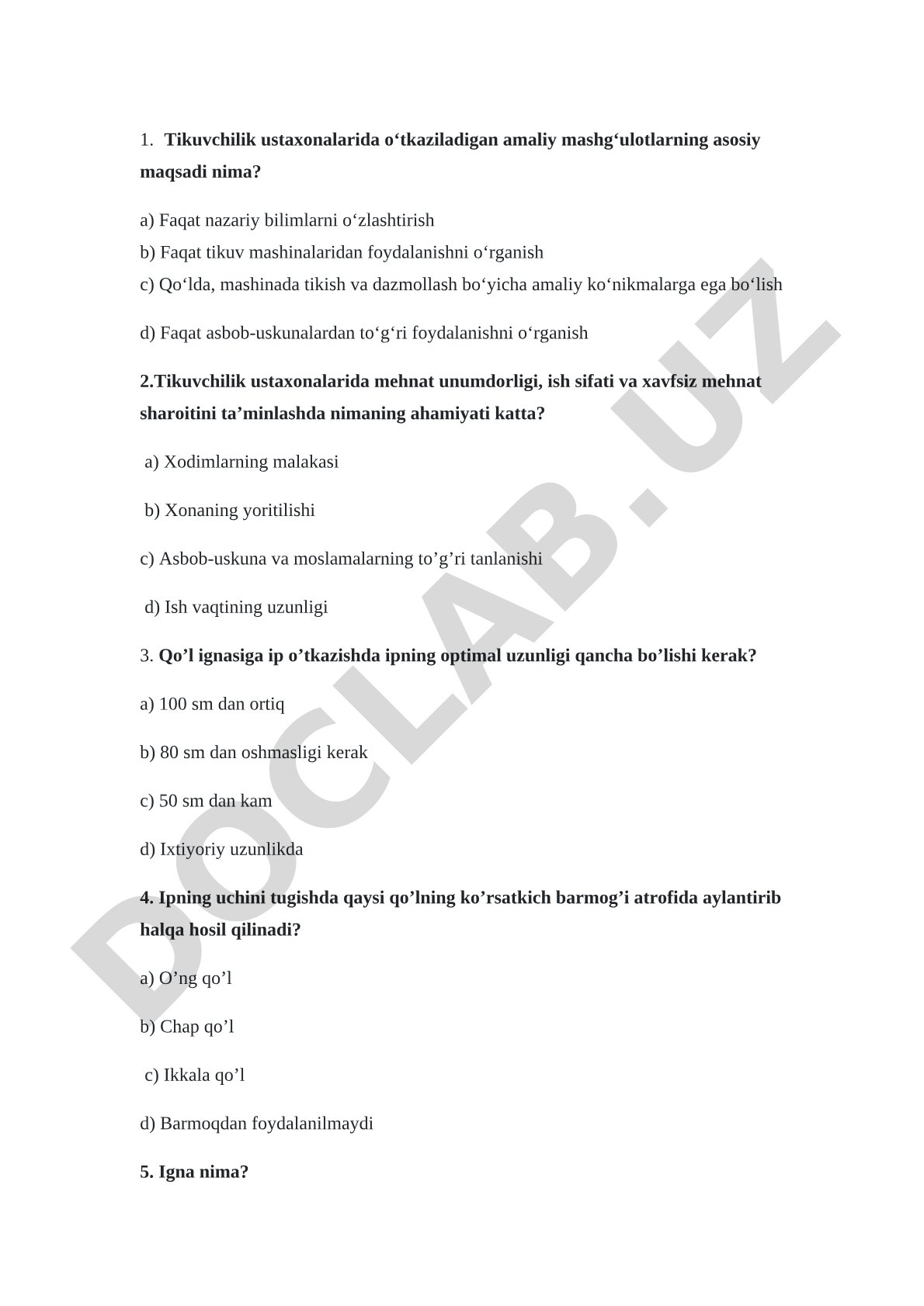 Tikuvchilik ustaxonalarida amaliy mashg'ulotlar testi
