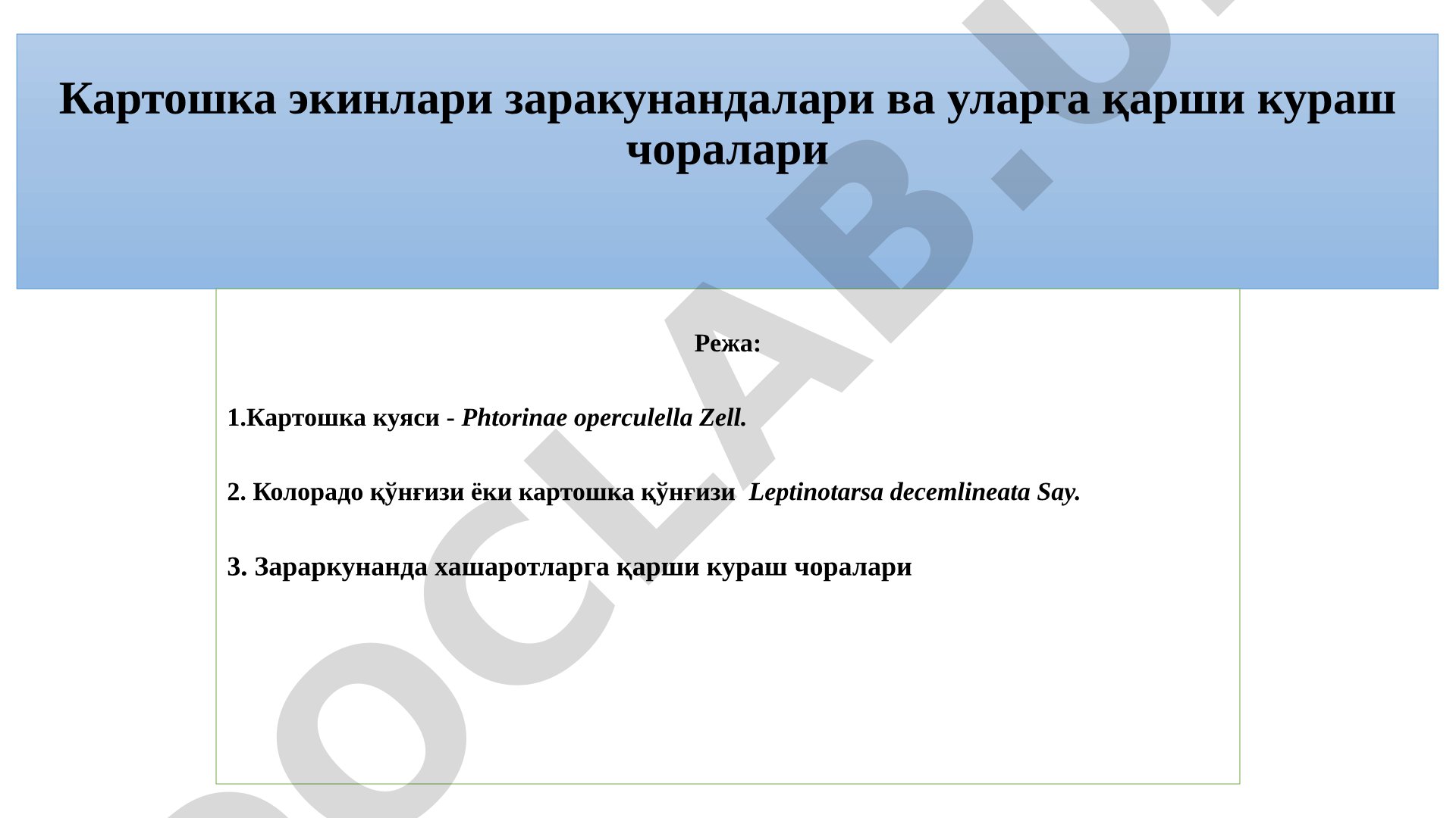 Картошка экинлари заракунандалари ва уларга қарши кураш чоралари