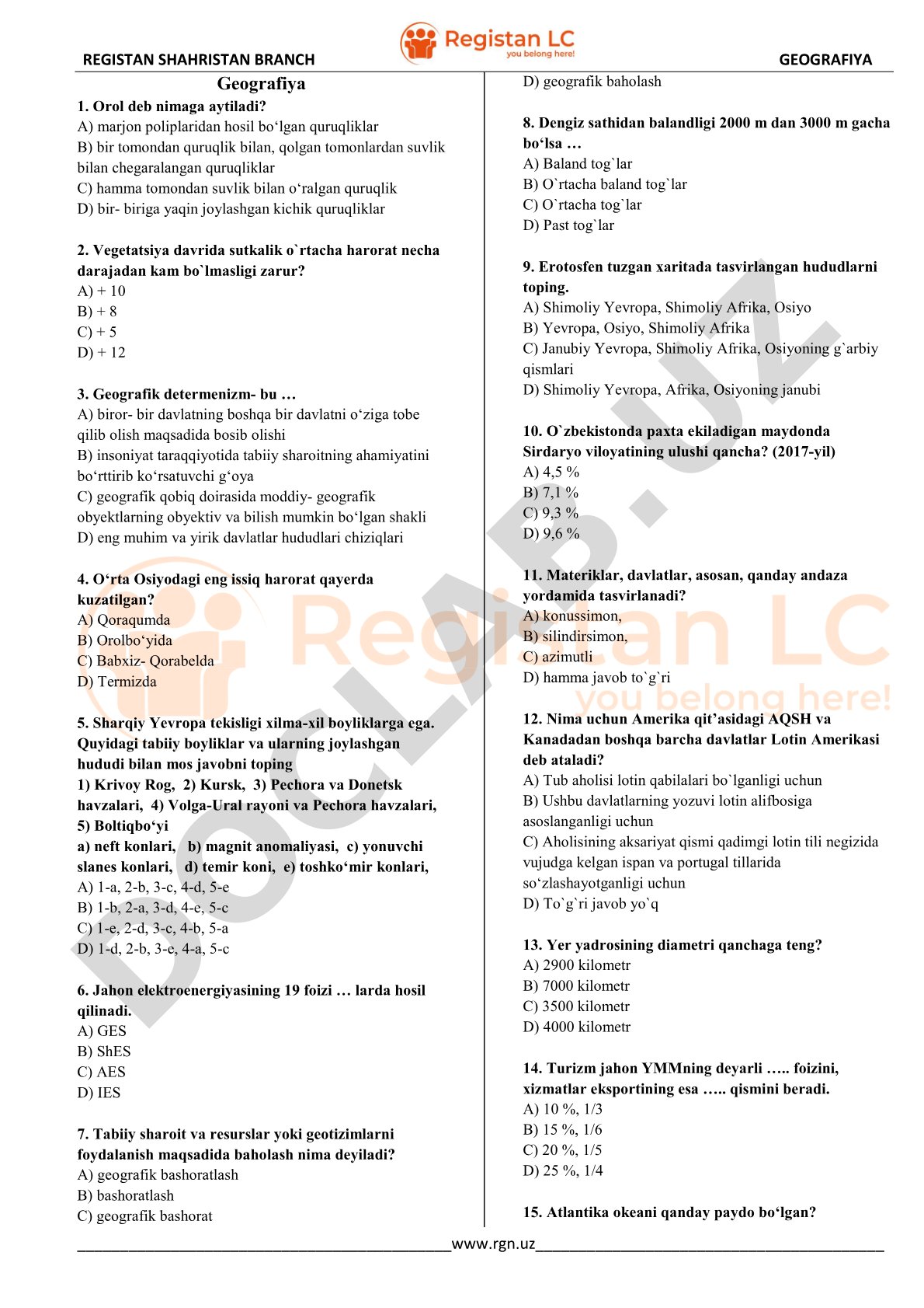 Geografiya fanidan test savollari