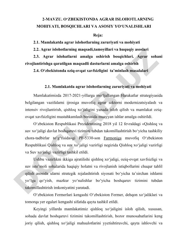 O‘zbekistonda agrar islohotlarning mohiyati, bosqichlari va asosiy yo‘nalishlari