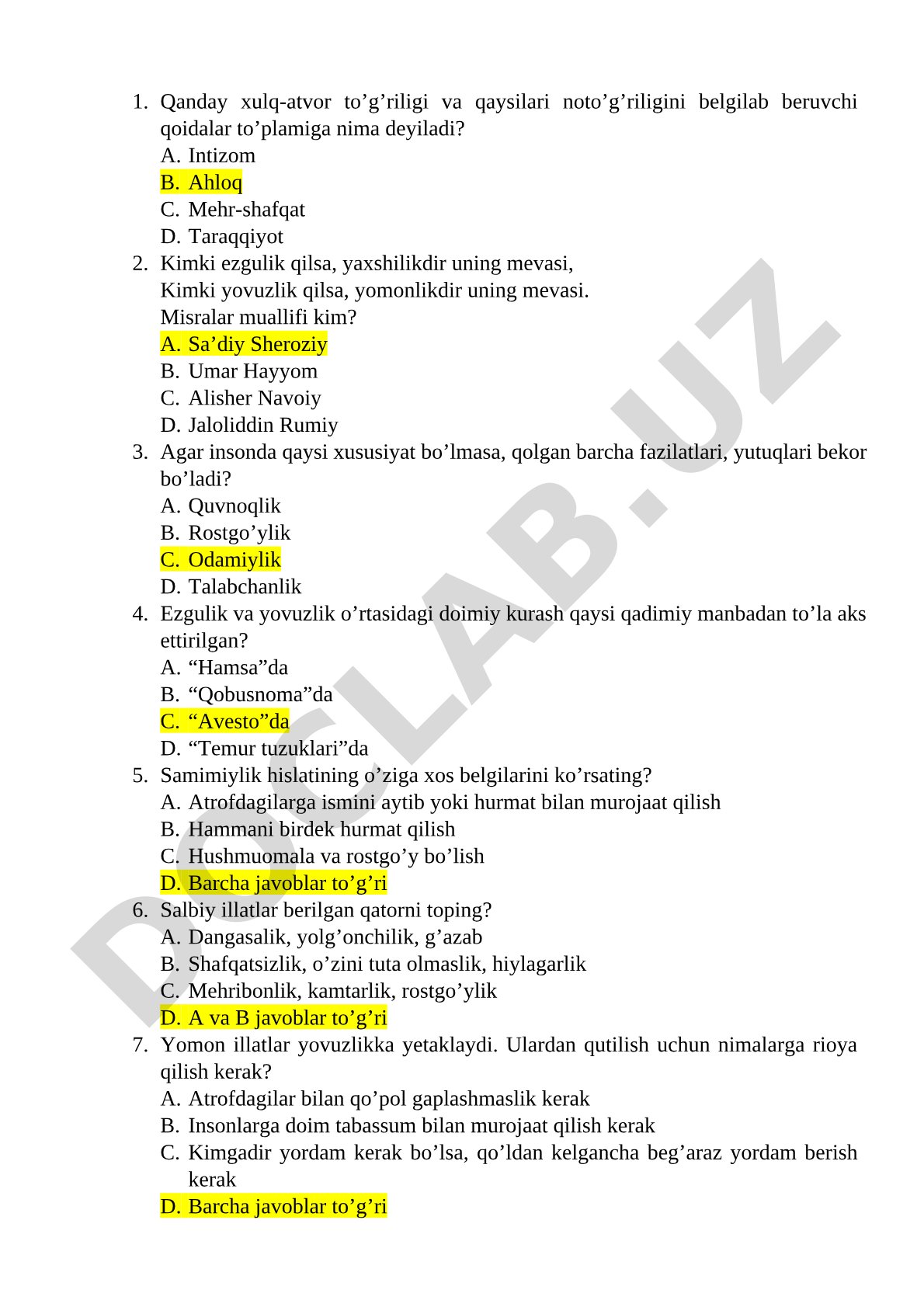 Axloqiy tarbiya va xulq-atvor bo'yicha test savollari