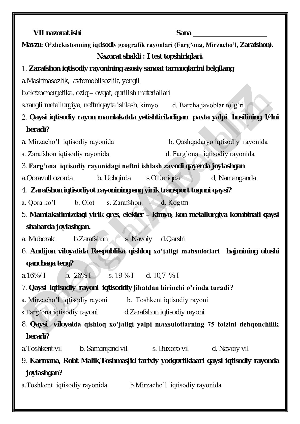 O’zbekistonning iqtisodiy geografik rayonlari (Farg’ona, Mirzacho’l, Zarafshon)