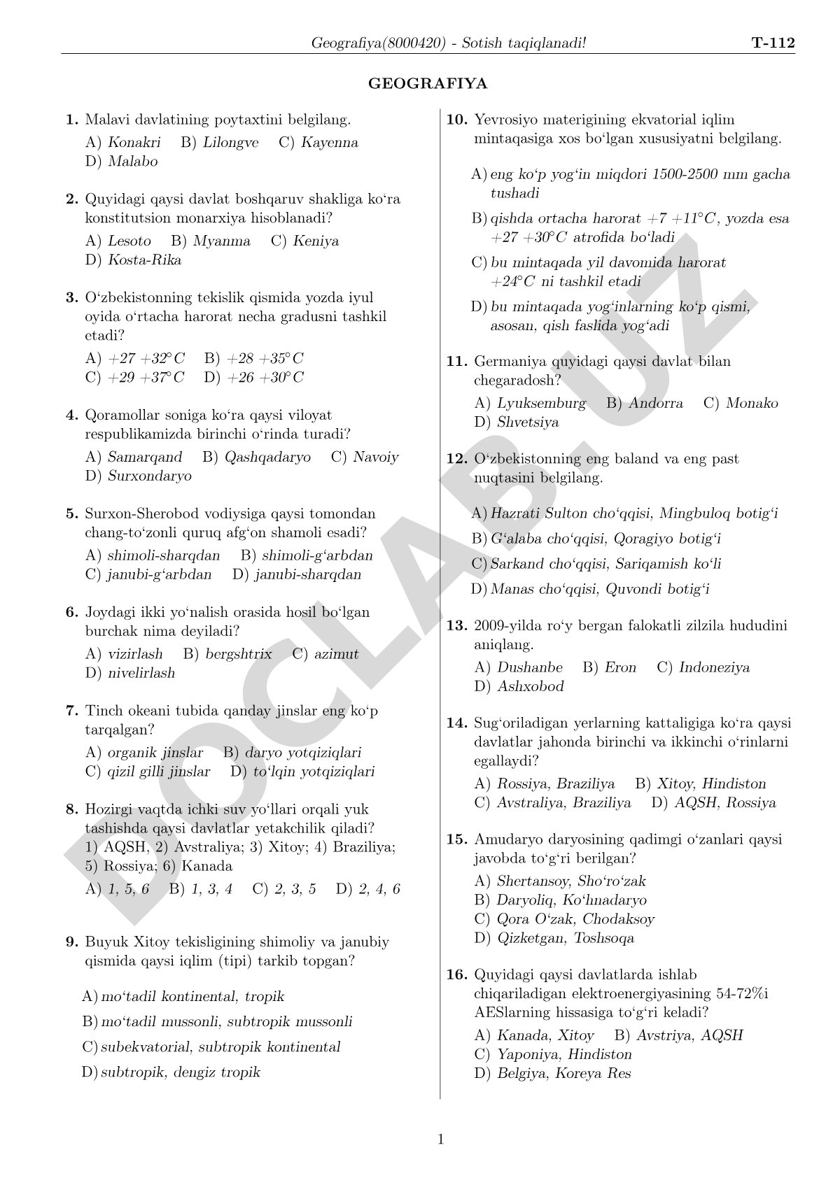 Geografiya test savollari